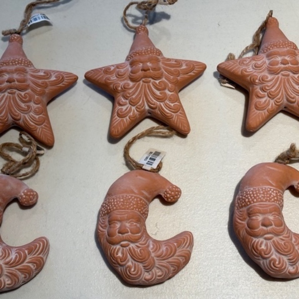 Brand New Set of 6 Terracotta (clay) Christmas Ornaments (2 styles)